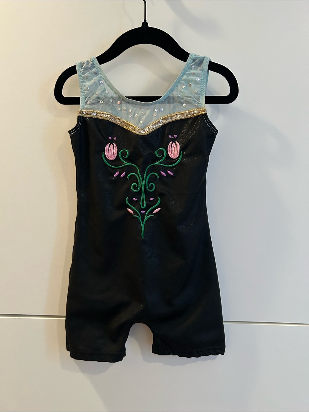 Black Dance Leotard with Light Blue Mesh and Floral Embroidery - Size 100 (3T)